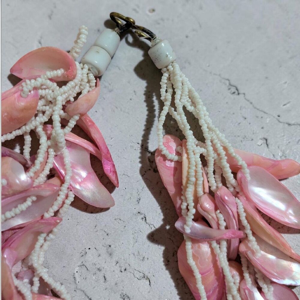 Pink Shell Statement Necklace, Layered Beaded Beach Coastal Mermaidcore Jewelry - Picture 7 of 7